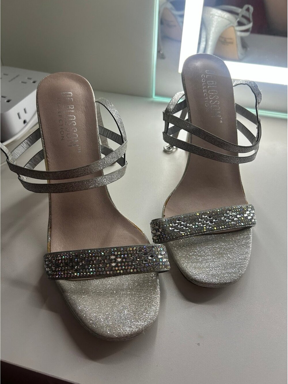De Blossom Collection Silver Rhinestone Heels- Size 8